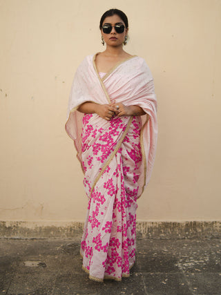 Pink Blockprinted Chanderi Silk Saree Kasia