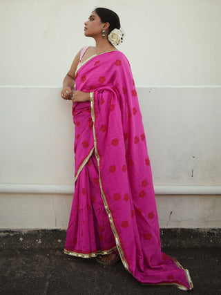 Fuschia Pink Blockprinted Chanderi Silk Saree Kasia