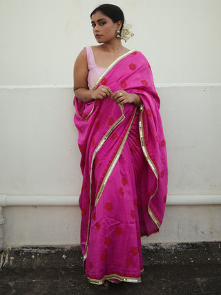 Fuschia Pink Blockprinted Chanderi Silk Saree Kasia