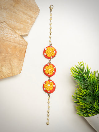 Wildflower Hand Embroidered Bracelet Tripple Drop with Pearl Chain Red And Yellow Sutanuti studio