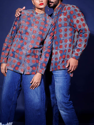 UnisexCotton Handprinted Ajrakh Allover Reliable Kurta Shirt Inkriti
