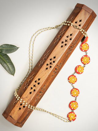 Wildflower Hand Embroidered Long chain with Pearl Chain Red/Yellow Sutanuti studio