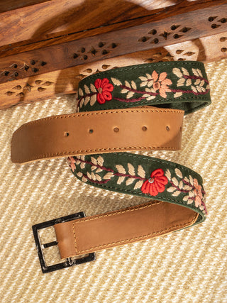 Bloomy Hand Embroidered Cotton Lleather Belt Sutanuti studio