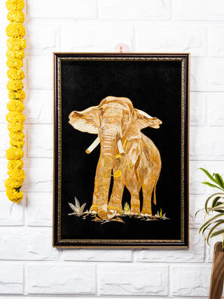 Straw Painting Elephant - Framed Resham Dor Brown