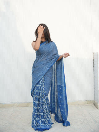 Nayanika Indigo Natural Dye Handwoven And Hand Block Printed Cotton Saree