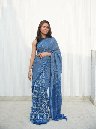 Nayanika Indigo Natural Dye Handwoven And Hand Block Printed Cotton Saree