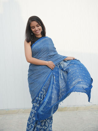 Nayanika Indigo Natural Dye Handwoven And Hand Block Printed Cotton Saree
