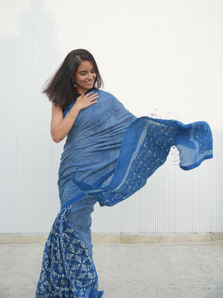 Nayanika Indigo Natural Dye Handwoven And Hand Block Printed Cotton Saree