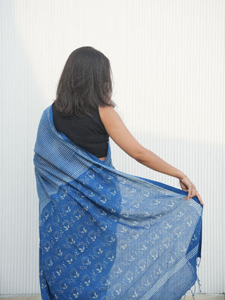 Nayanika Indigo Natural Dye Handwoven And Hand Block Printed Cotton Saree