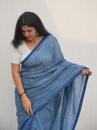 Nayantara Indigo Natural Dye Handwoven Printed Cotton Saree