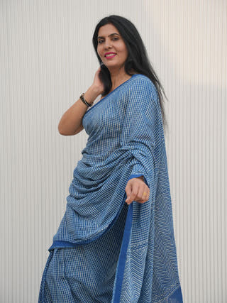 Nayantara Indigo Natural Dye Handwoven Printed Cotton Saree