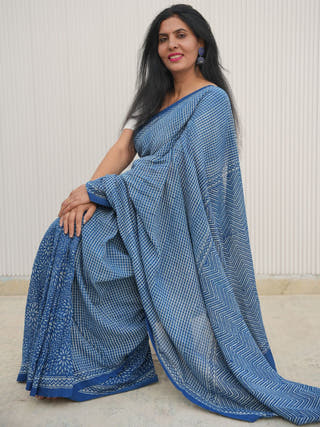 Nayantara Indigo Natural Dye Handwoven Printed Cotton Saree