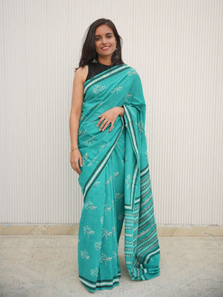 Gauravi Mrida Dabu Teal Cotton Saree