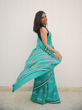 Gauravi Mrida Dabu Teal Cotton Saree