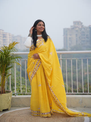 Sonika Mrida Dabu Yellow Cotton Saree