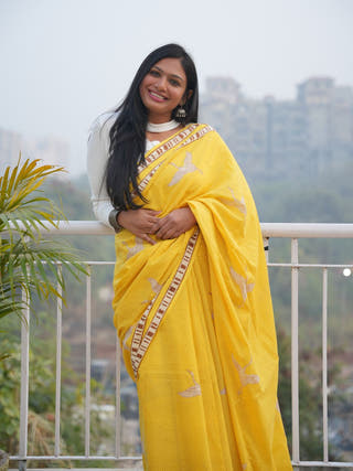 Sonika Mrida Dabu Yellow Cotton Saree