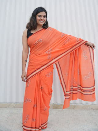 Oorvi Mrida Dabu Orange Cotton Saree