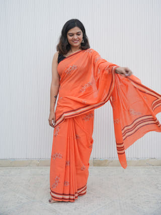 Oorvi Mrida Dabu Orange Cotton Saree