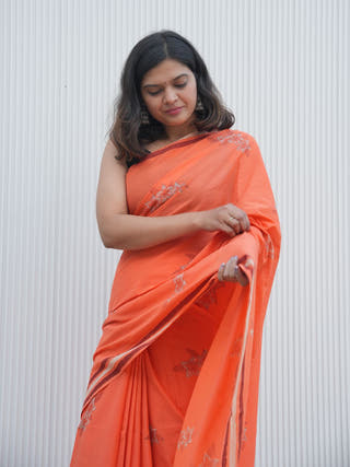 Oorvi Mrida Dabu Orange Cotton Saree