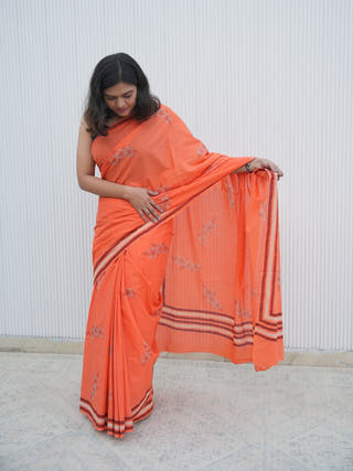 Oorvi Mrida Dabu Orange Cotton Saree