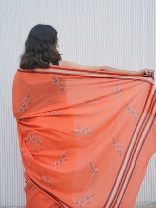 Oorvi Mrida Dabu Orange Cotton Saree
