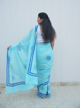 Neethi Mrida Dabu Blue Cotton Saree