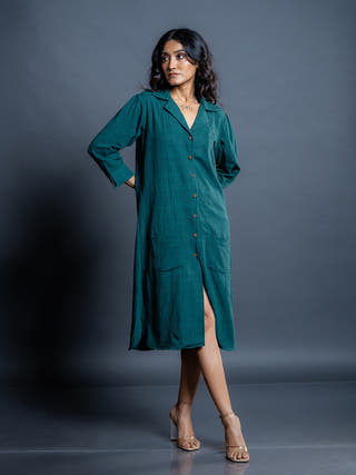 Teal Whispers Handwoven Kala Cotton Shirt Dress