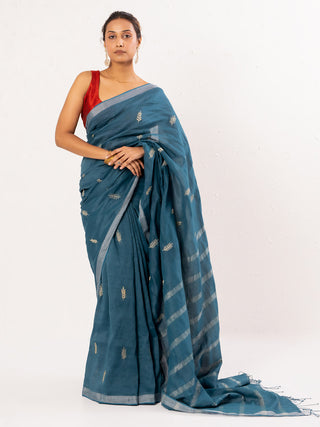 Blue Embroidered Handwoven Linen Saree Kasia