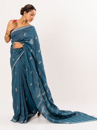 Blue Embroidered Handwoven Linen Saree Kasia