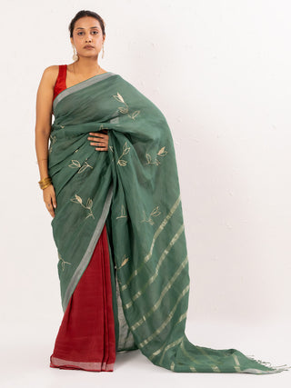 Green Embroidered Handwoven Linen Saree Kasia