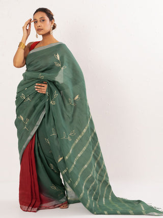 Green Embroidered Handwoven Linen Saree Kasia