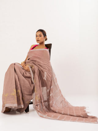 Old Rose Embroidered Handwoven Linen Saree Kasia