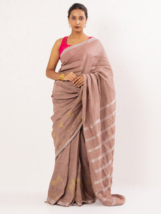 Old Rose Embroidered Handwoven Linen Saree Kasia