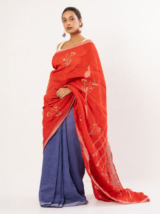 Embroidered Handwoven Red Linen Saree Kasia