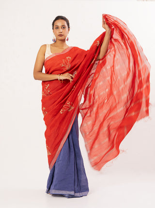 Embroidered Handwoven Red Linen Saree Kasia