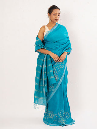 Embroidered Handwoven Blue Linen Saree Kasia