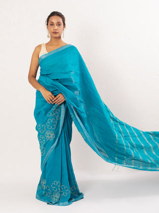 Embroidered Handwoven Blue Linen Saree Kasia