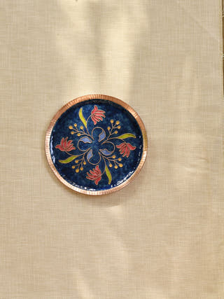 Copper Enamel Wall Plate | Blue Swirling Lotus
