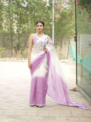 Lavender Bloom Linen Saree with Subtle Embroidery
