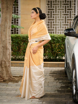 Dual Tone Gold & Ivory Elegant Ochre Saree