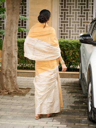Dual Tone Gold & Ivory Elegant Ochre Saree