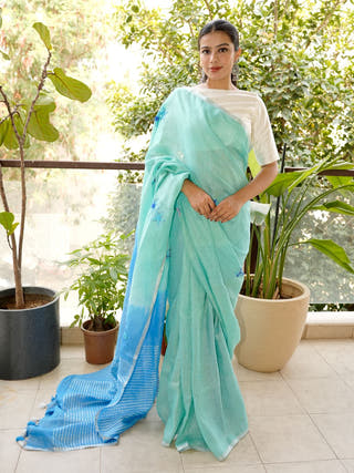 Aqua Blue Linen Saree with Hand Embroidered Floral Motifs