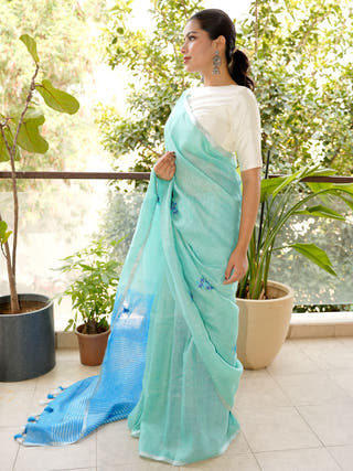Aqua Blue Linen Saree with Hand Embroidered Floral Motifs