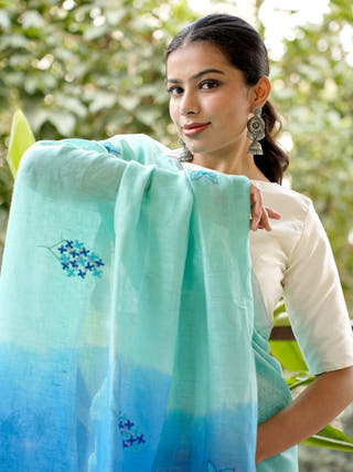 Aqua Blue Linen Saree with Hand Embroidered Floral Motifs
