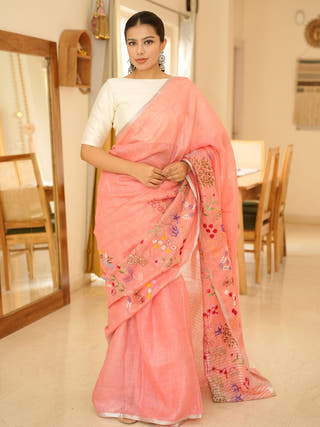 Elegant Handwoven Pink Linen Saree