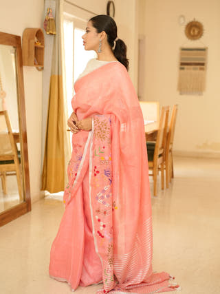 Elegant Handwoven Pink Linen Saree