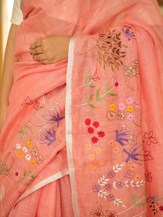 Elegant Handwoven Pink Linen Saree