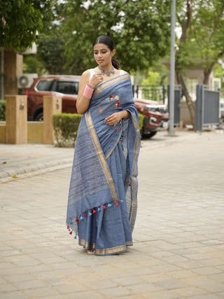 Handwoven Blue Linen Saree with Tassel & Hand Embroidery