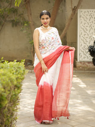 Red & White Blush Bloom Linen Saree