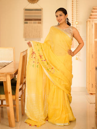 Golden Grace Hand-Embroidered Tissue Linen Saree